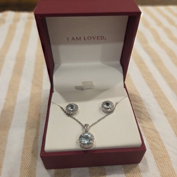 Helzberg Diamonds I am loved Aquamarine Necklace and Earrings set - Picture 3 of 7